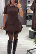 Glorol - Elegant O-Neck High Waist A-Line Short Sleeve Pleat Mini Dress