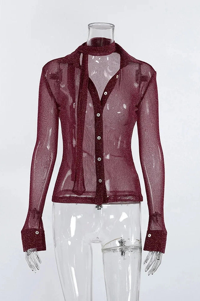 Glorol - See-Through 2 Piece Lace-Up Long Sleeve Top