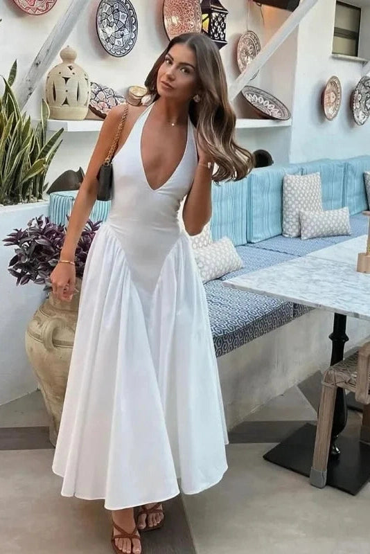 Glorol - Deep V Neck High Waist Backless Midi Dress