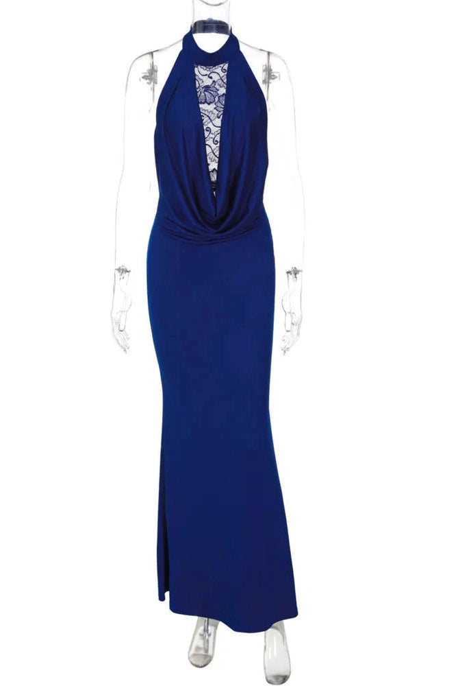 Glorol - Lace V Neck Lace Off-Shoulder Backless Bodycon Maxi Dress