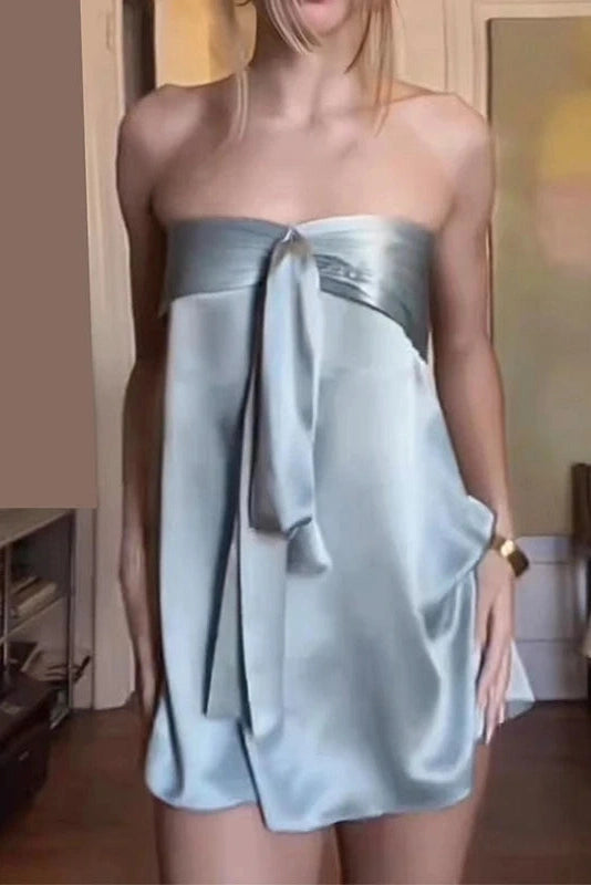 Glorol - Off Shoulder Sleeveless Slim Pleated Mini Dress