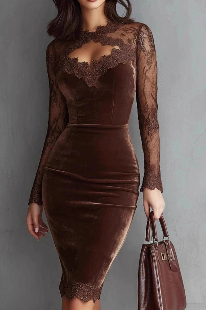 Glorol - Lace Hollow Out See-Through Sleeve Slim High Waist Midi Dress