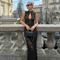 Glorol - Hollow Lace Sleeveless Slit High Waist Maxi Dress