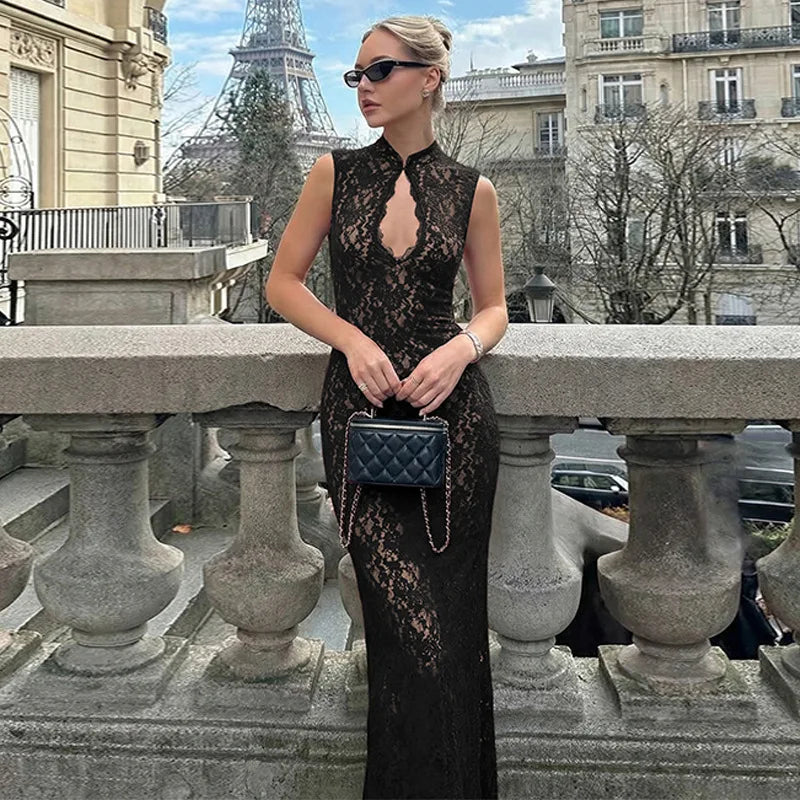 Glorol - Hollow Lace Sleeveless Slit High Waist Maxi Dress