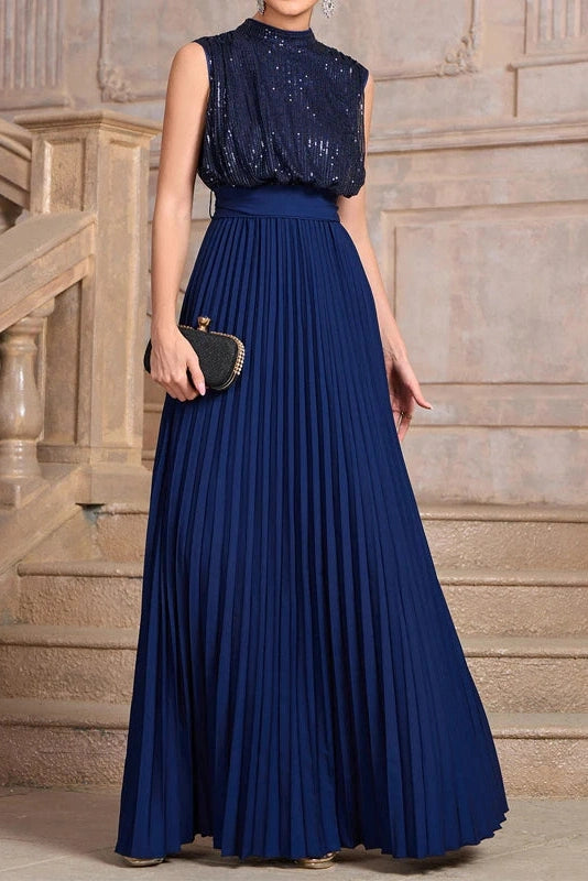 Glorol - Sleeveless Pleated High Waist O-Neck Maxi Dress
