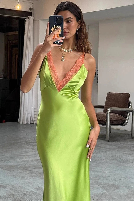 Glorol - Elegant Lace V-Neck Slim Straps Maxi Dress