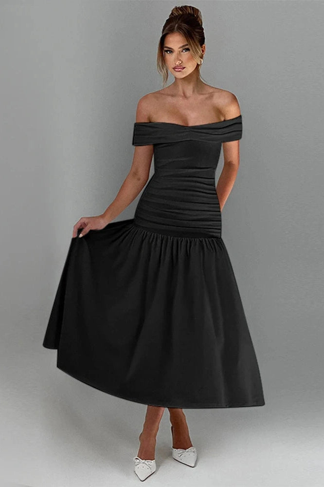Glorol - Slim Off-Shoulder Sleeveless High Waist A-Line Maxi Dress