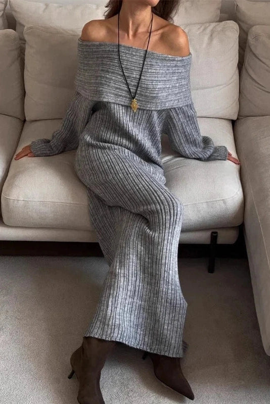 Glorol - Knitted Off-Shoulder Long-Sleeved Slim High Waist Backless Maxi Dress