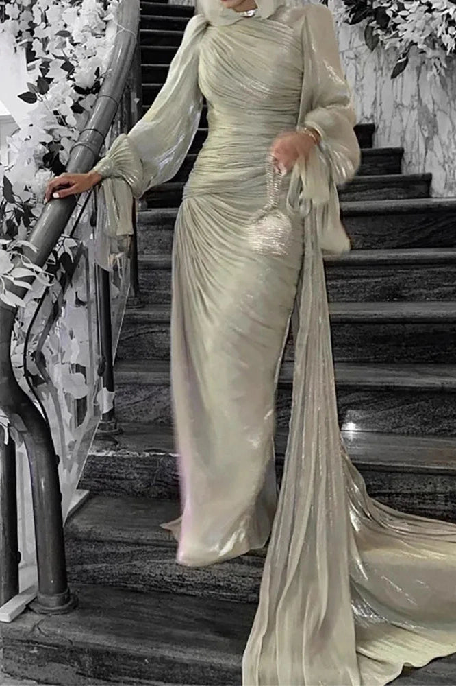 Glorol - Elegant Long Sleeve High Waist Pleated Slim Maxi Dress