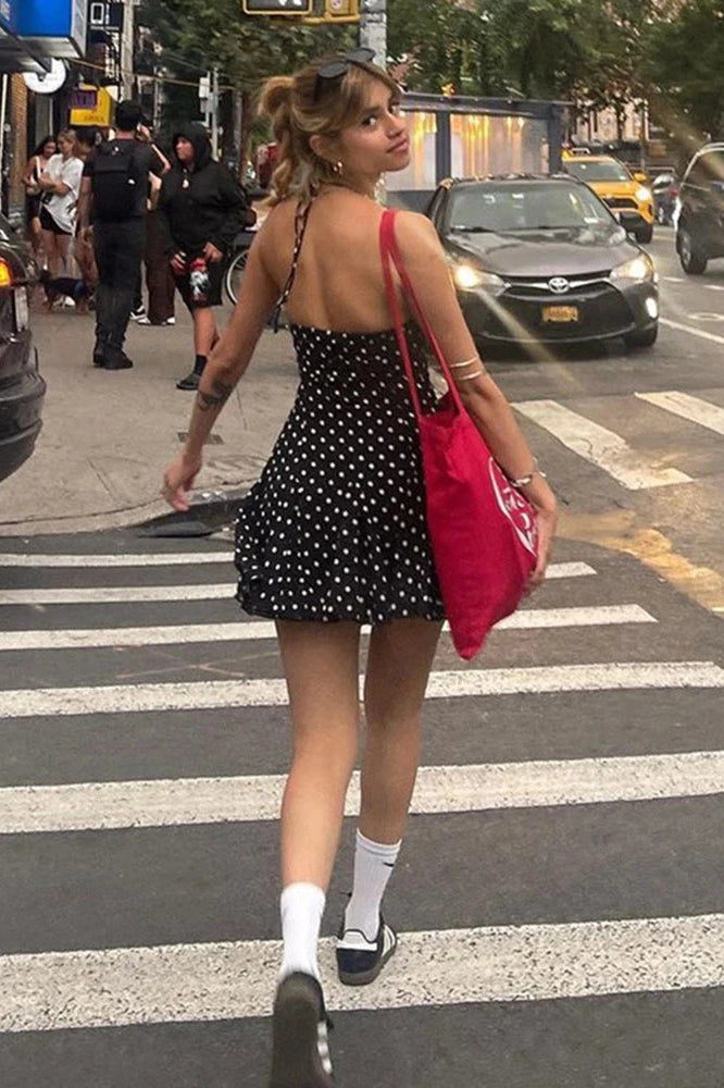 Glorol - Polka Dot High Waist Pleated Sleeveless Printed Slim Mini Dress