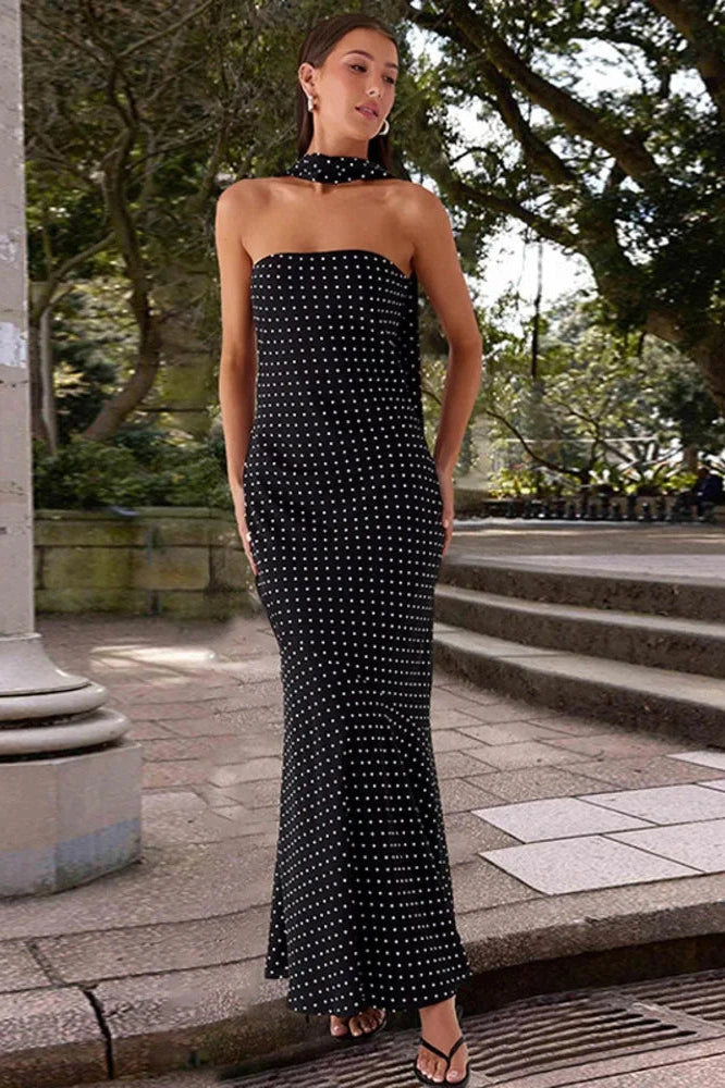Glorol - Polka Dot Strapless Scarf Collar Off-Shoulder Sleeveless Maxi Dress