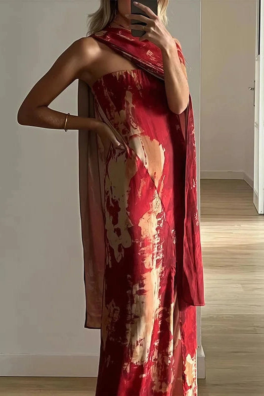 Glorol - Shawl Split Pleated Slim Printed Sleeveless Maxi Dress