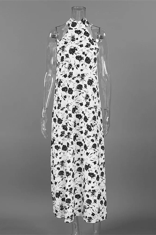Glorol - Printed Backless Sleeveless Slim Lace-Up Maxi Dress