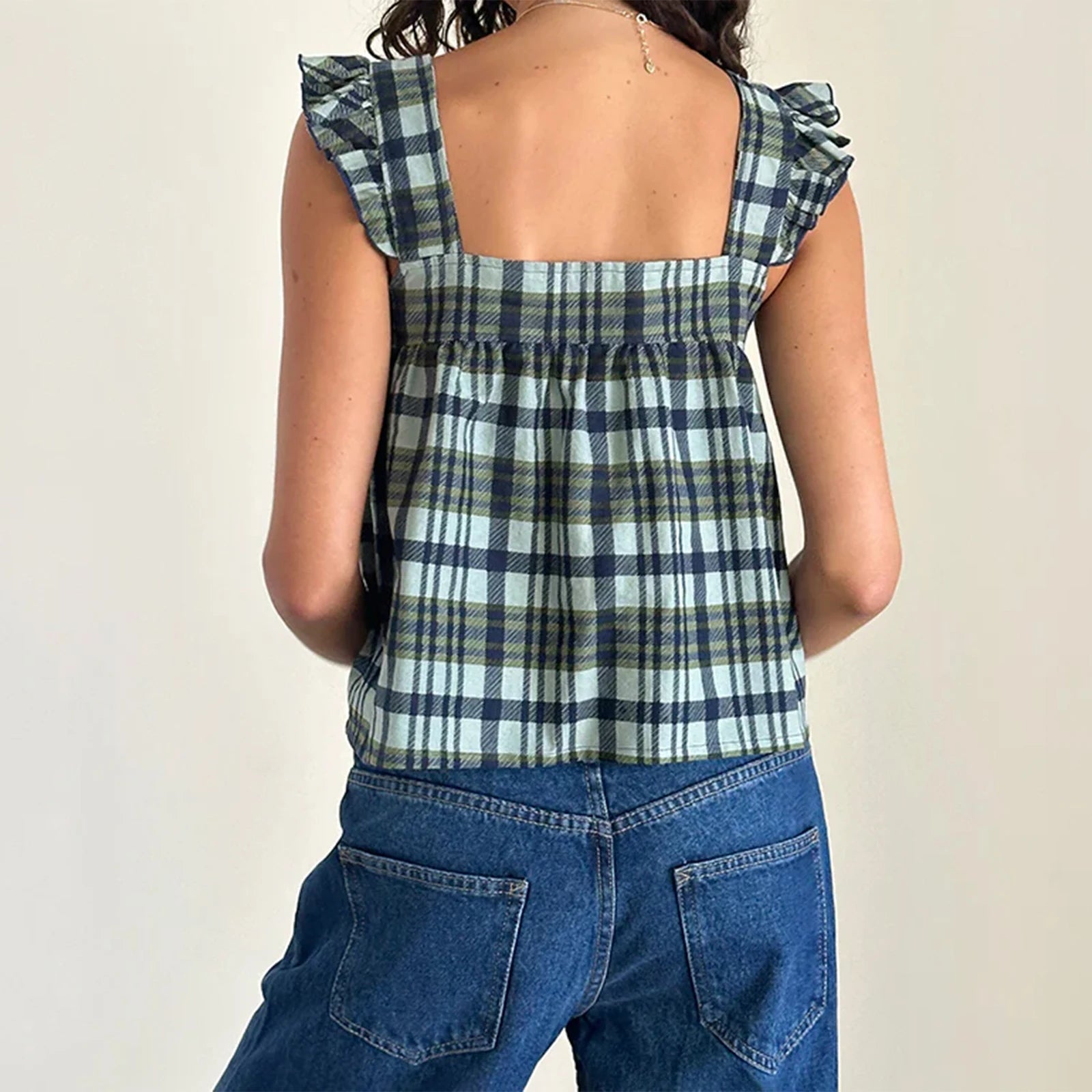Glorol - Plaid Square Neck Sleeve Backless Top