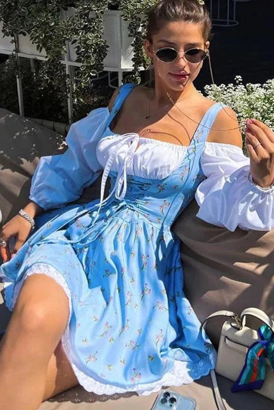 Glorol - Puff Sleeve Two Piece Strapless Lace Up Mini Dress