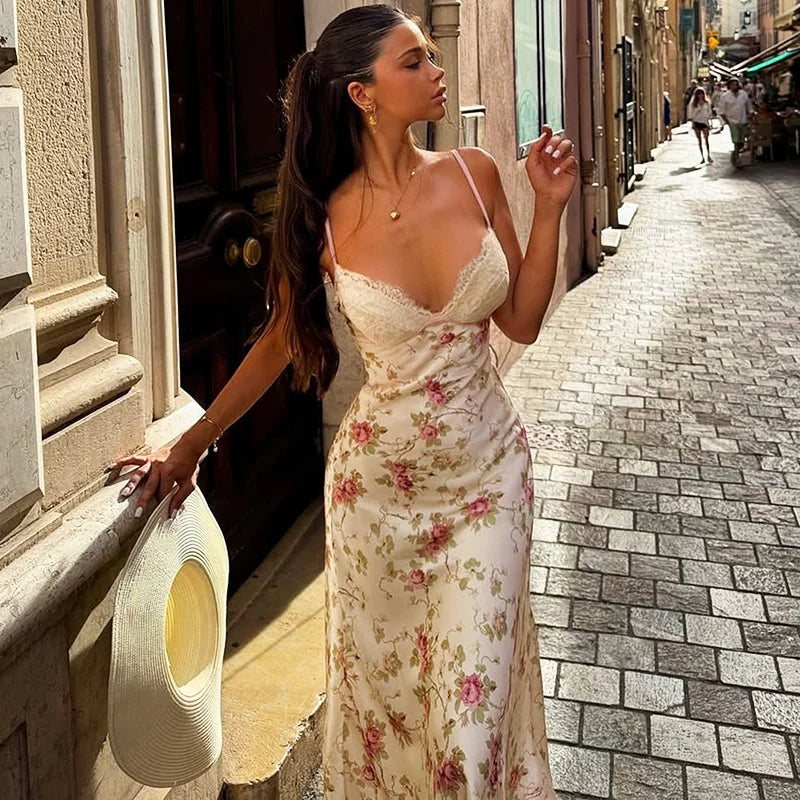 Glorol - Elegant Print Patchwork Backless Midi Dress