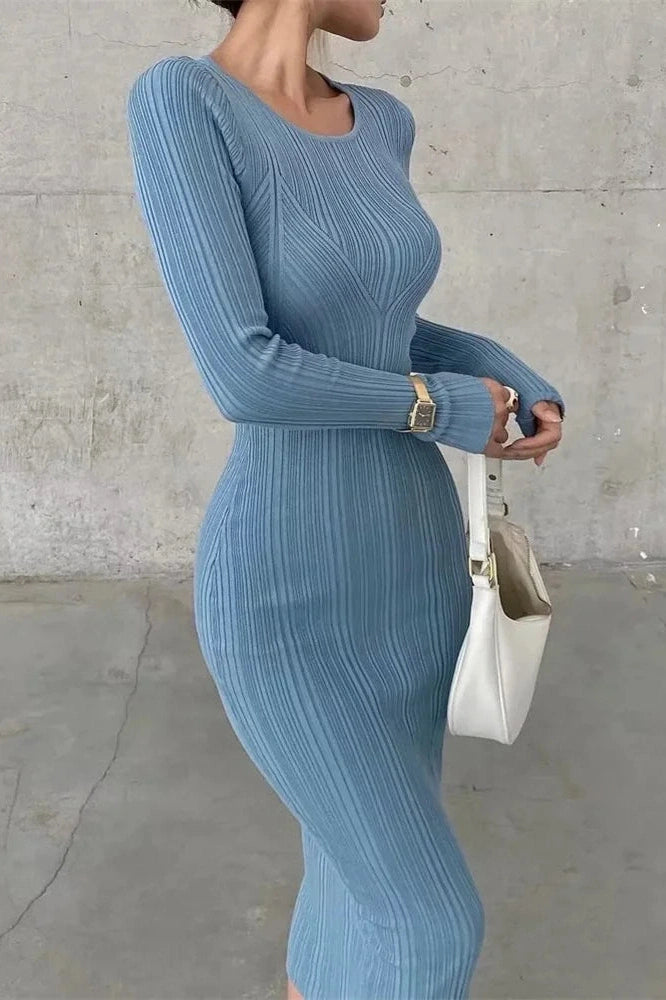 Glorol - Long Sleeve Slim High Waist Patchwork Midi Dress