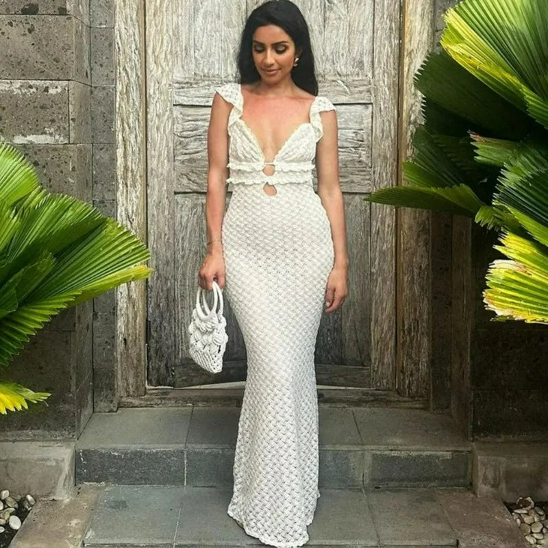 Glorol - Hollow Out Patchwork Backless Sleeveless Maxi Dress