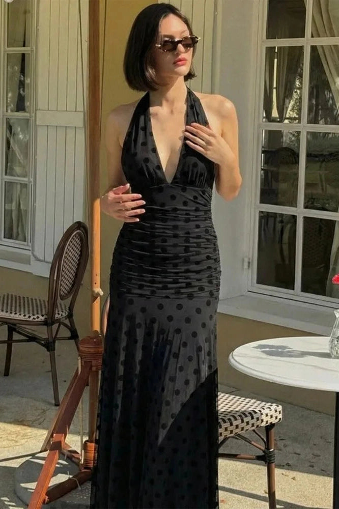 Glorol - Polka Dot Deep V Neck Sleeveless Backless Bodycon Maxi Dress