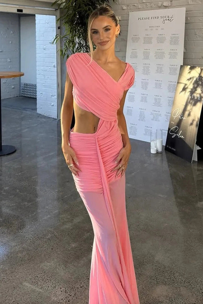 Glorol - Hollow Out Sleeveless Pleated High Waist Off-Shoulder Slim Maxi Dress