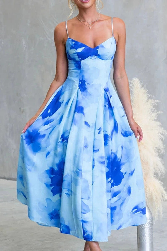 Glorol - Floral Printed High Waist Sleeveless Pleated Midi Dress