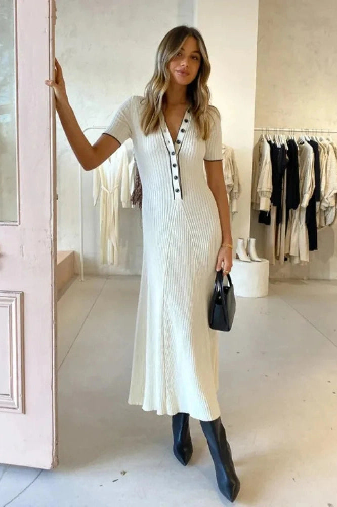 Glorol - Deep V Neck Slim Short Sleeve Knitted Bodycon Maxi Dress