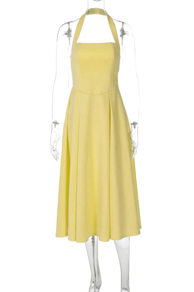 Glorol - Backless Sleeveless High Waist A-Line Pleated Midi Dress