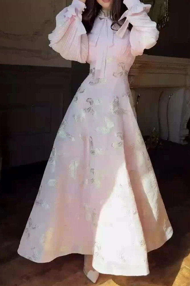 Glorol - Elegant High Waist Printed Long Sleeve Pleated Maxi Dress