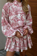 Glorol - Printed Lace-Up Pleated Long Sleeve Mini Dress