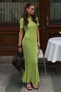 Glorol - Hollow Out Lace-Up Short Sleeve Patchwork High Waist Maxi Dress