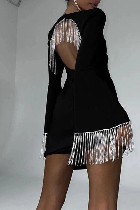 Glorol - Hollow Out Square Collar Patchwork Slim Flare Sleeve Mini Dress