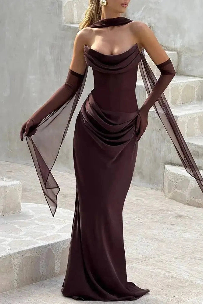 Glorol - Off-Shoulder Scarf Collar Strapless Sleeveless Bodycon Maxi Dress