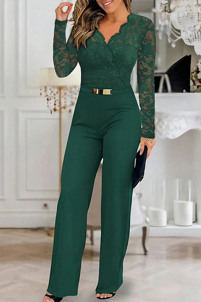 Glorol - High Waist V-Neck Lace Bodycon Jumpsuit