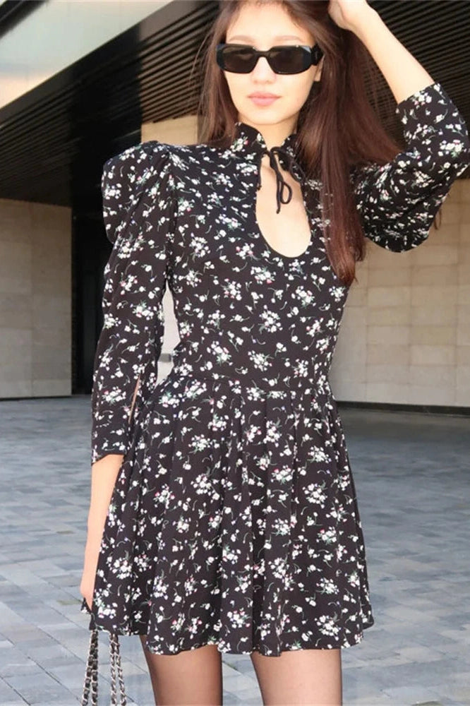 Glorol - Printed Lace-Up Patchwork Long Sleeve High Waist Mini Dress