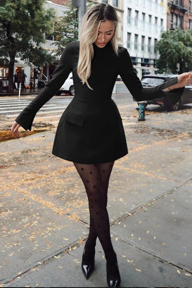 Glorol - Elegant Slim Two Pocket Long Sleeve A-Line Mini Dress