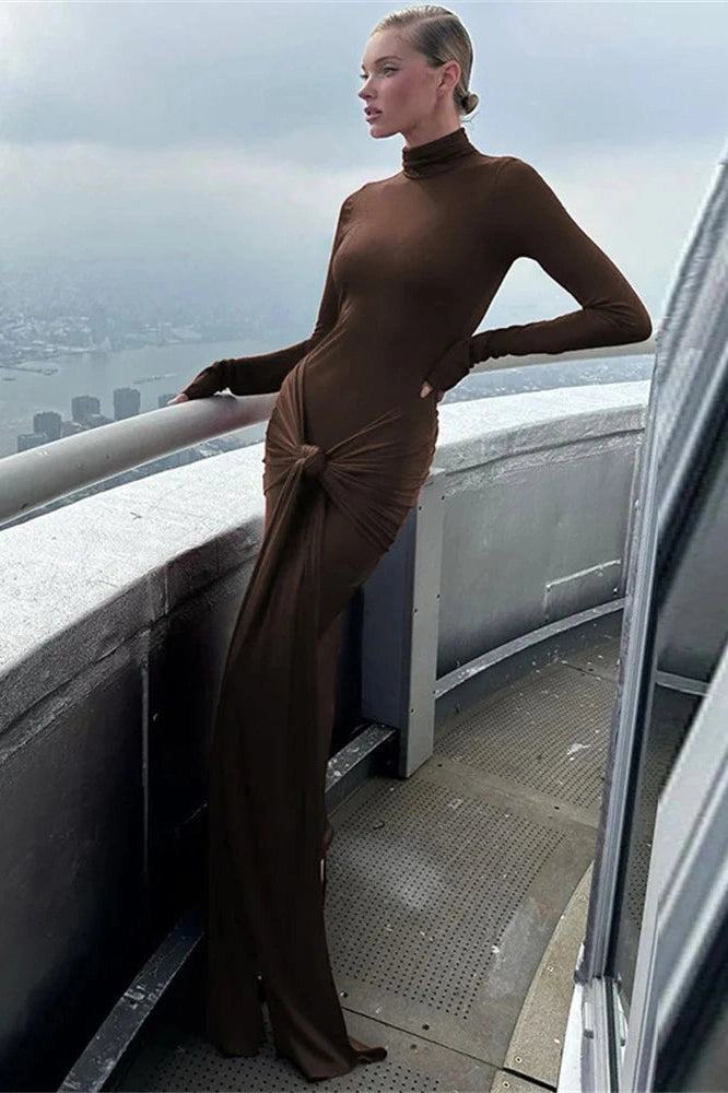 Glorol - Slim Pleated Long Sleeve Lace-Up Maxi Dress