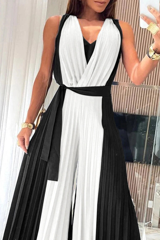 Glorol - Elegant V-Neck Pleated High Waist Hollow Out Jumpsuit