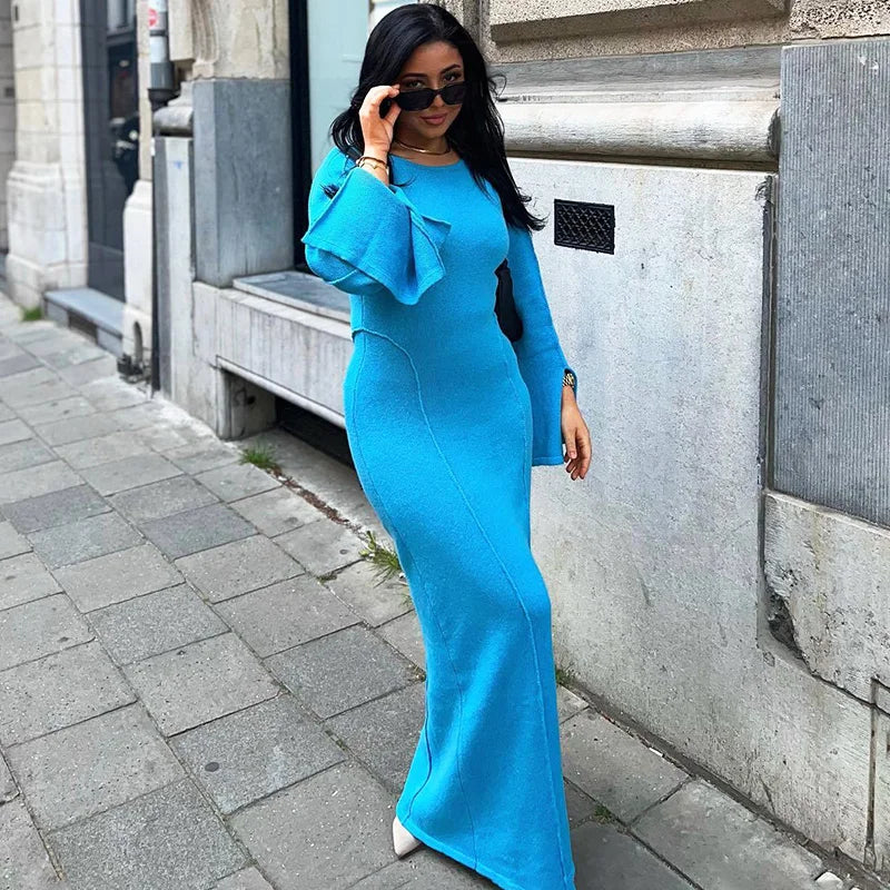 Glorol - High Waist Patchwork Long Sleeve Maxi Dress