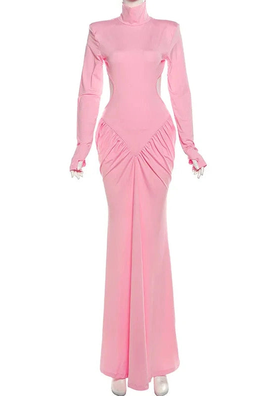 Glorol - Elegant Backless Turtleneck Long Sleeve Maxi Dress