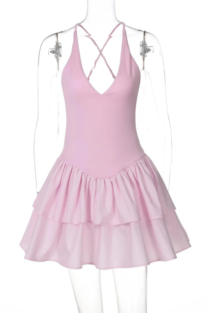 Glorol - Elegant High Waist V-Neck Backless A-Line Mini Dress