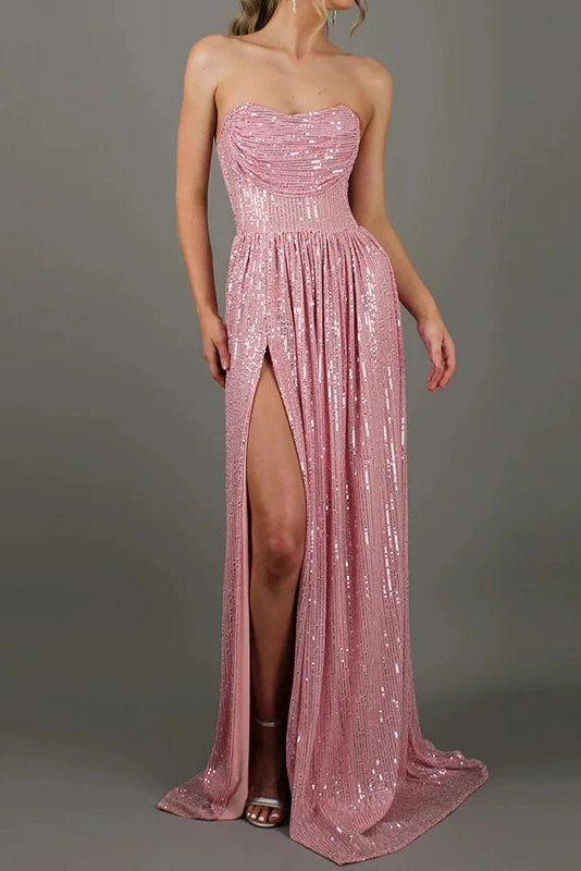 Glorol - Pleated Off Shoulder High Waist Split Maxi Dress