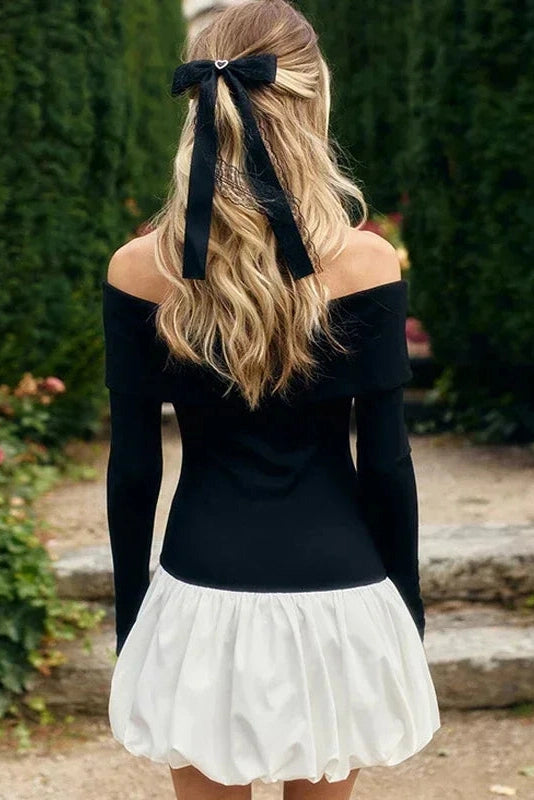 Glorol - Elegant Off-Shoulder Patchwork Long Sleeve Slim Mini Dress