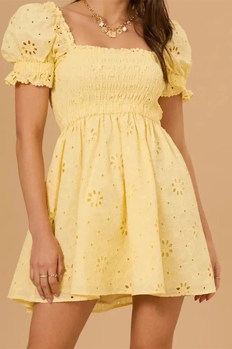 Glorol - Puff Sleeve Square Neck A-Line Mini Dress