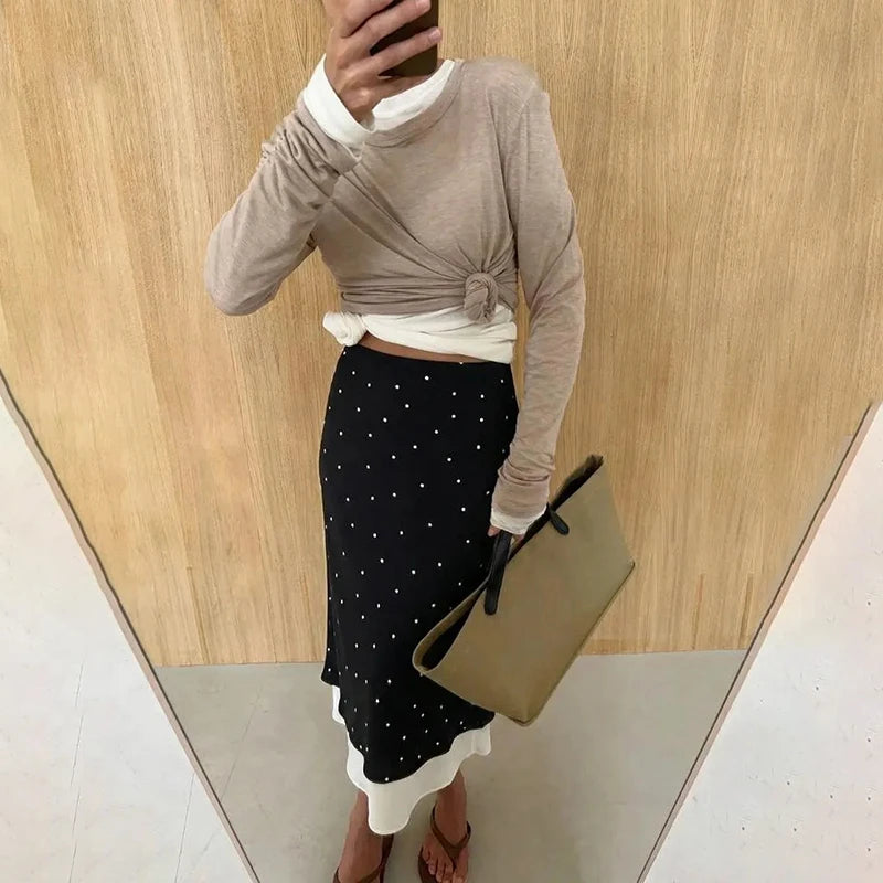 Glorol - Elegant High Waist Polka-Dot Splice Skirt