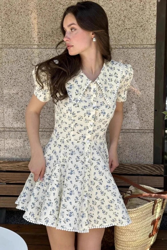 Glorol - Elegant Floral Short-Sleeved Slim Single-Breasted Mini Dress