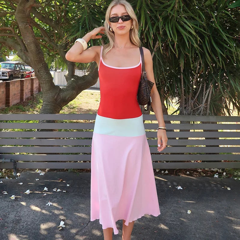 Glorol - Elegant Backless Patchwork Midi Dress