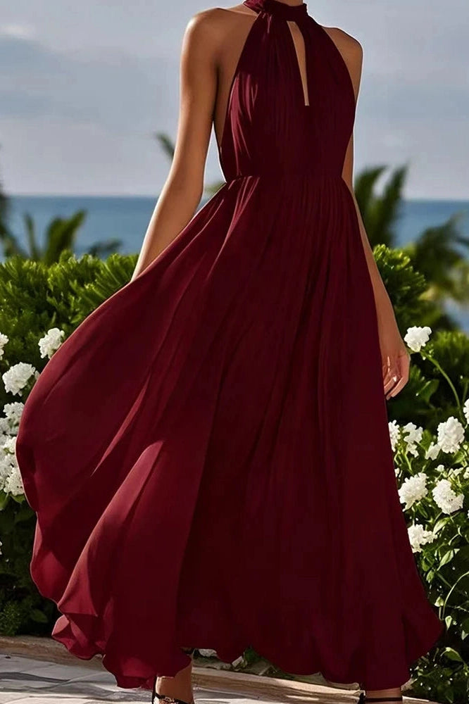 Glorol - Elegant Sleeveless Loose High Waist Pleated Maxi Dress