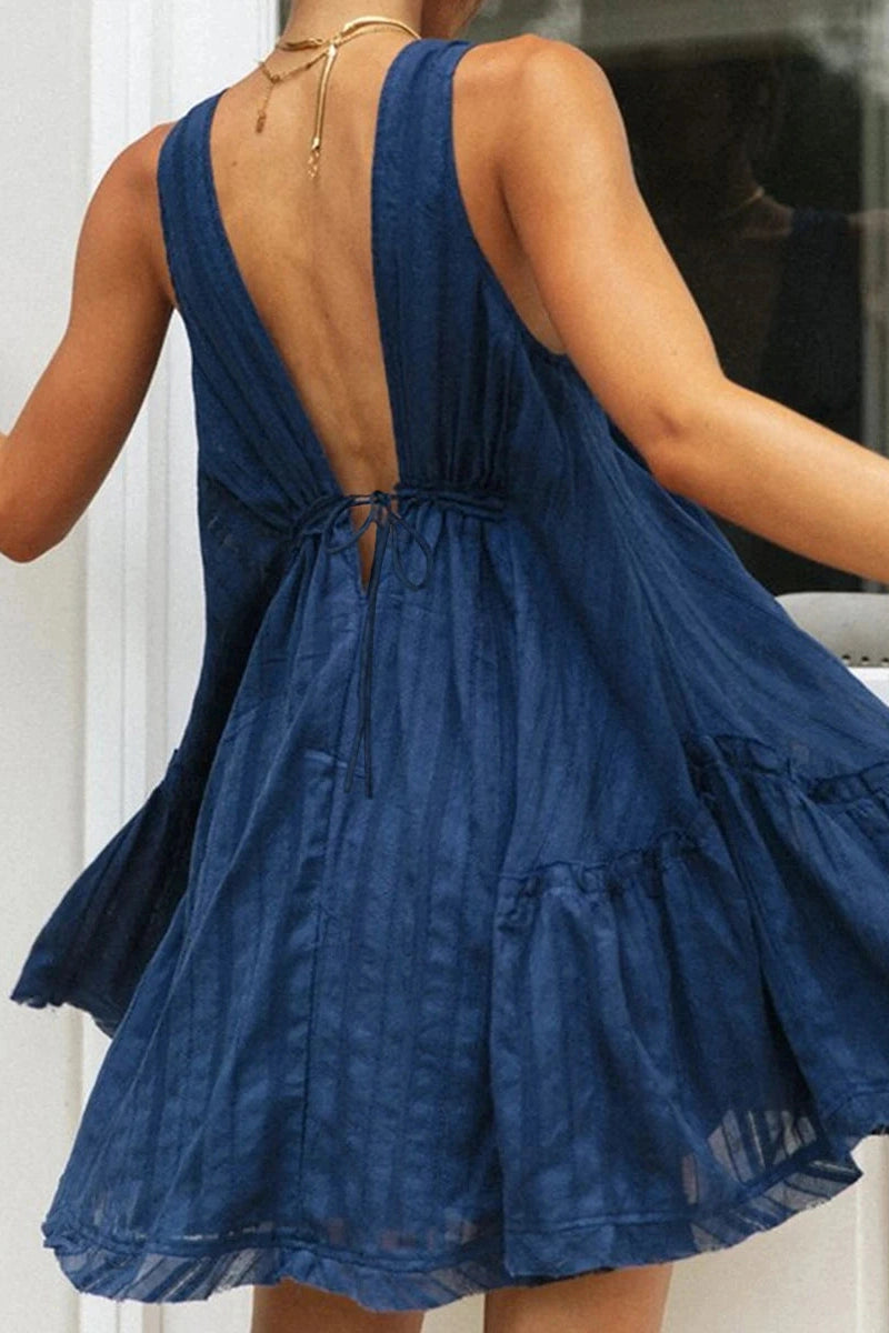 Glorol - Deep V-Neck Tie-Up Backless A-Line Mini Dress