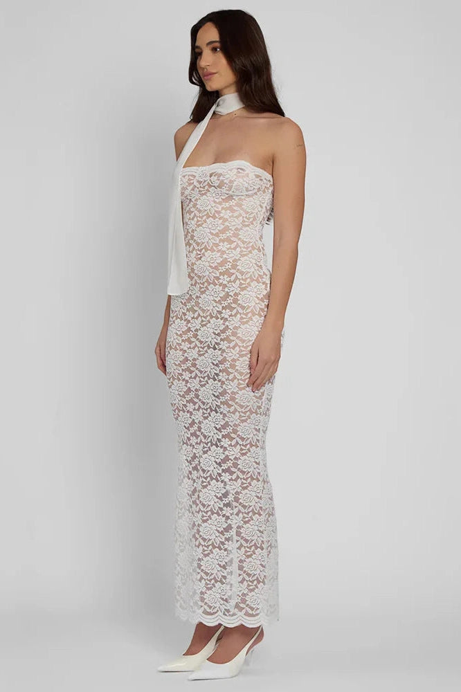 Glorol - Lace See Through Off-shoulder Strapless Sleeveless Midi Dress