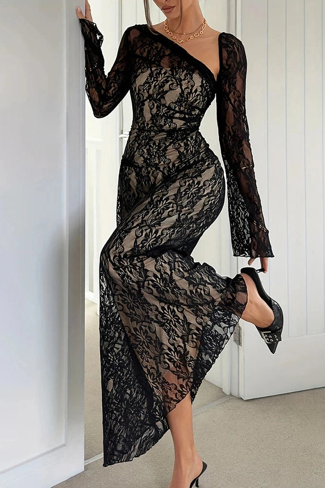 Glorol - Flare Sleeve Pleated Slim Slash Collar Lace Embroidery Maxi Dress